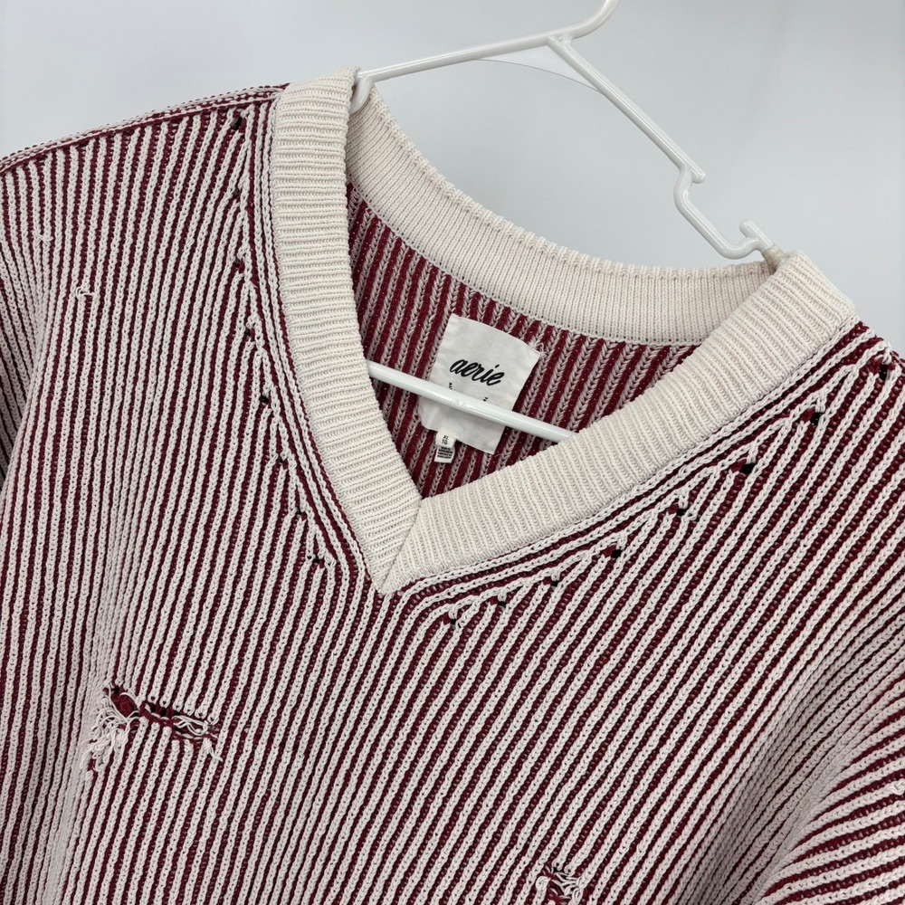 Aerie V-Neck Sweater Womens XL Burgundy Cream Excellent Distressed Striped Knit‎